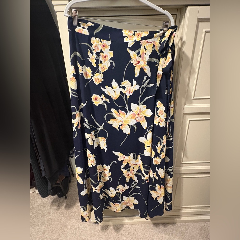 New York & Company Navy Maxi Wrap Skirt with Yellow Floral Print